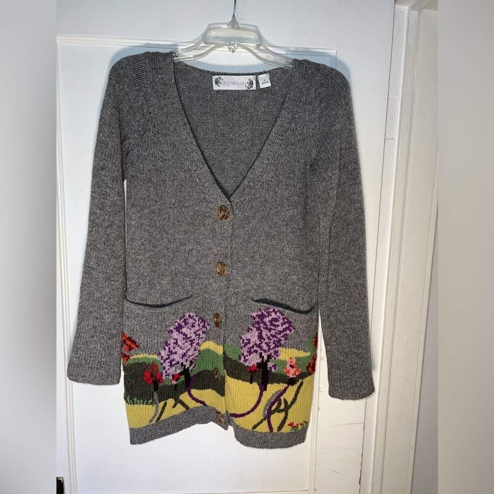 Ingrid Hass women’s gray long cardigan floral XS L105-2